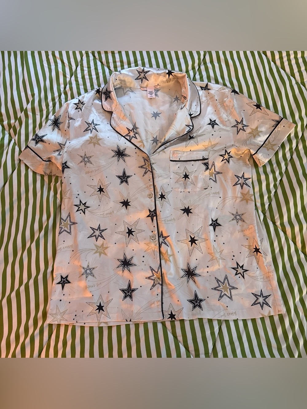 Victoria's Secret White Star-Print Short Sleeve Button-Down PJ Shirt
